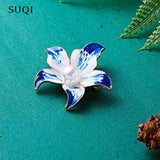 SUQI Vintage Orchid Brooch Pearl Flower Enamel Pin