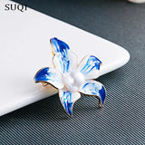 SUQI Vintage Orchid Brooch Pearl Flower Enamel Pin