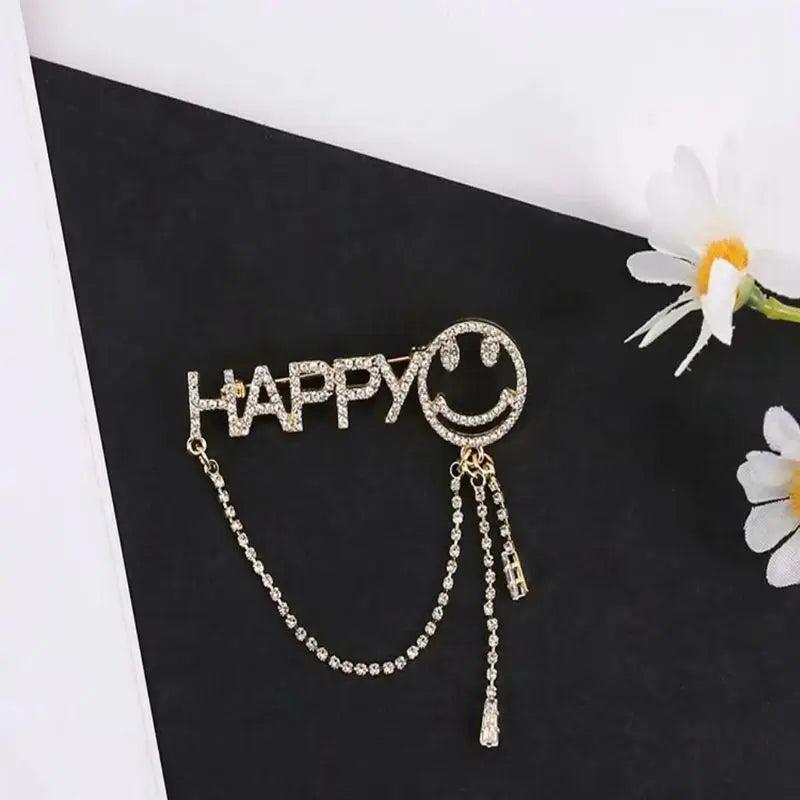 Smile Face Pin Letter Happy Tassel Brooch Crystal Accessories