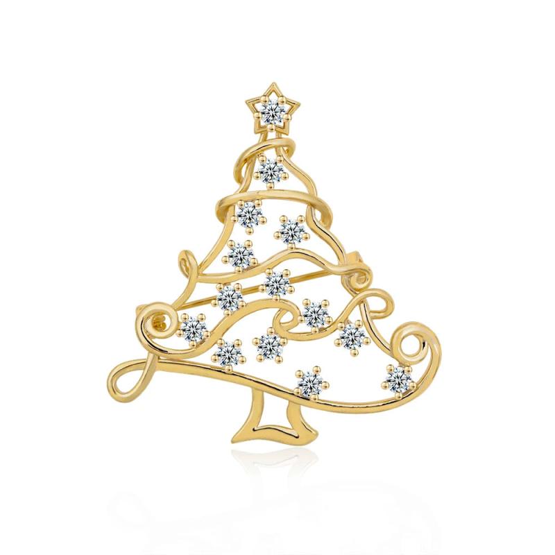 Classic Brass Copper Hollow Christmas Tree Crystal Brooch