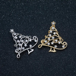 Classic Brass Copper Hollow Christmas Tree Crystal Brooch