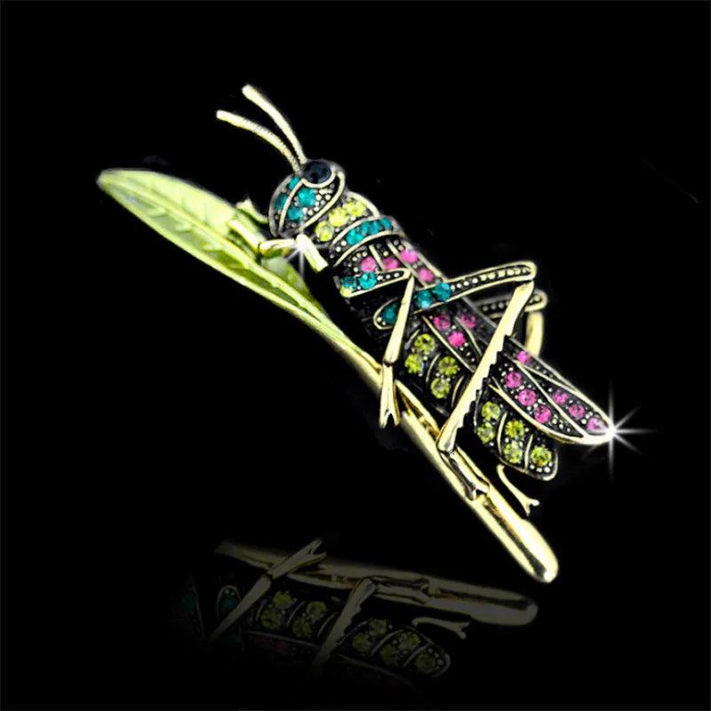 Rhinestone Grasshopper Brooch Green Enamel Pin