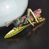 Rhinestone Grasshopper Brooch Green Enamel Pin