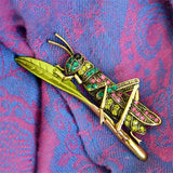 Rhinestone Grasshopper Brooch Green Enamel Pin