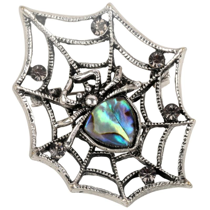 Abalone Shell Spider Web Pin Brooch Scarf Holder Crystal Halloween Jewelry
