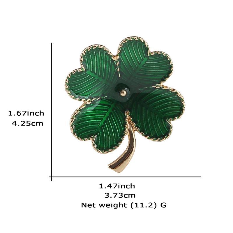Golden Plated Green Enamel Four Leaf Clover Leopard Metal Brooch