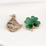 Golden Plated Green Enamel Four Leaf Clover Leopard Metal Brooch