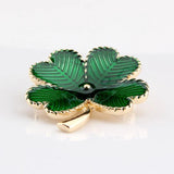 Golden Plated Green Enamel Four Leaf Clover Leopard Metal Brooch