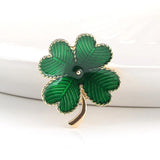 Golden Plated Green Enamel Four Leaf Clover Leopard Metal Brooch