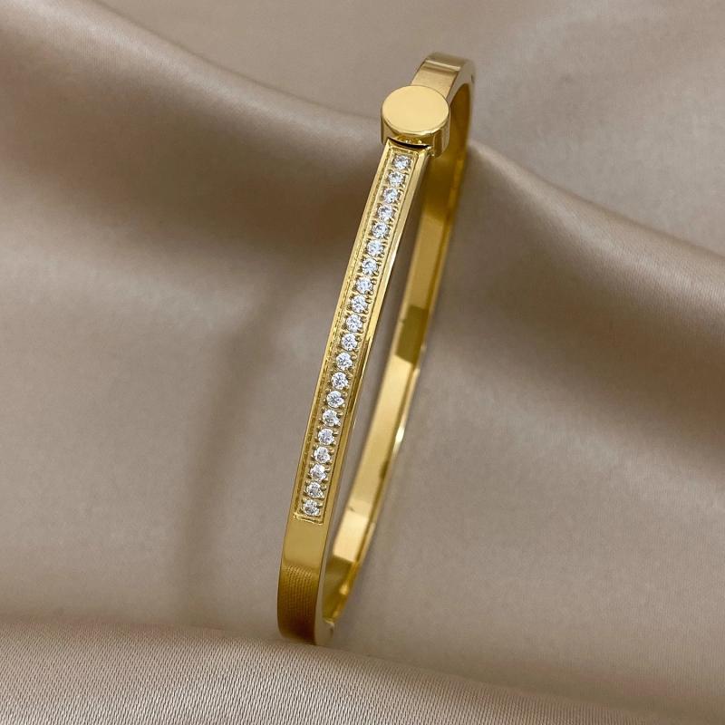 Zircon Bangles Bracelets Round Inlay 316L Stainless Steel Waterproof Jewelry