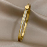 Zircon Bangles Bracelets Round Inlay 316L Stainless Steel Waterproof Jewelry