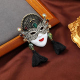Vintage Enamel Queen Mask Tassel Brooch Holiday Accessories