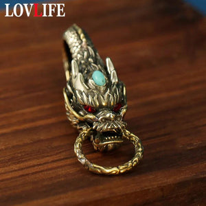Chinese Beast Dragon Keychain Brass Metal Keyring Men Belt Waist Buckle