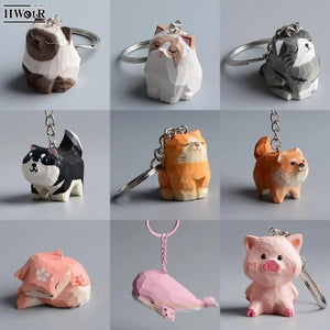 Animal Wood Carving Keyring Ornaments Cat Fox Tiger Pendant Key Ring