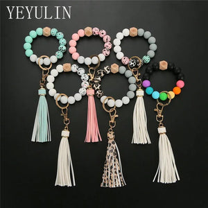 Colorful Silicone Beaded Bracelet Wrist Bangle Keychain For Women Girls