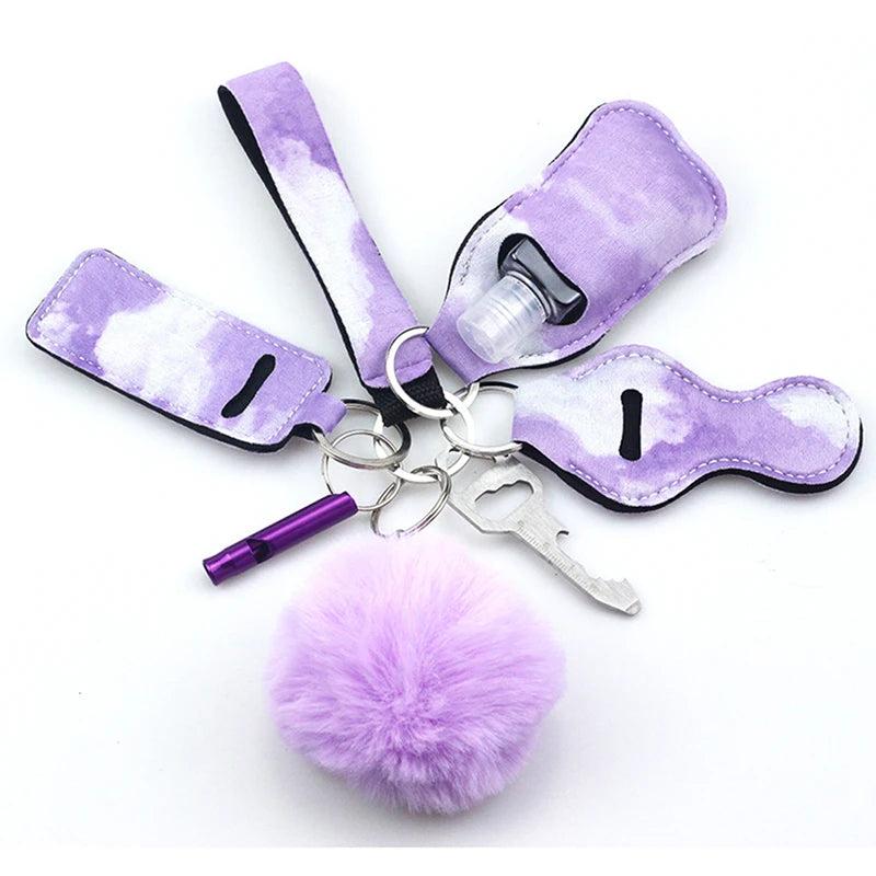 7pcs Self Defense Keychain Set with Fluffy Fur Pom Keychains for Women