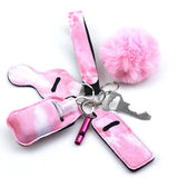 7pcs Self Defense Keychain Set with Fluffy Fur Pom Keychains for Women