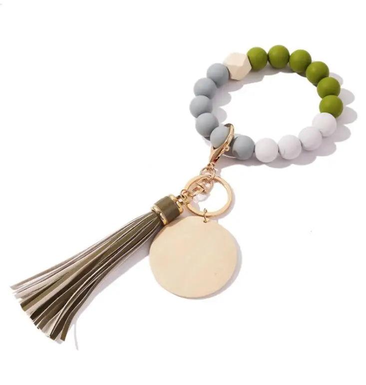 Silicone Wood Bead Bracelet Primary Wood Disk Bracelet Keychain