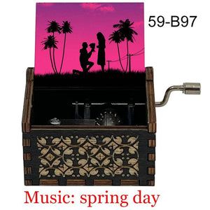 Spring Music Box Wooden Hand Crank Print Fans Gift