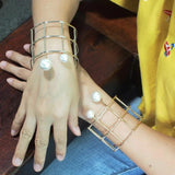 Hollowed Mesh Shape Bangle Big Pearl Bracelet for Women