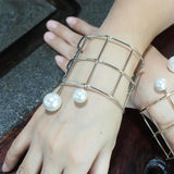 Hollowed Mesh Shape Bangle Big Pearl Bracelet for Women