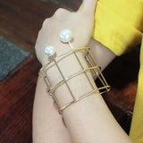Hollowed Mesh Shape Bangle Big Pearl Bracelet for Women