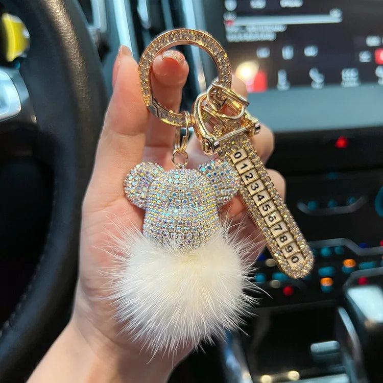 Craft Bear Keychain Mink Hair Rhinestones Lady Charm Bag Car