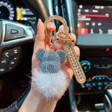 Craft Bear Keychain Mink Hair Rhinestones Lady Charm Bag Car