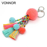 Boho Beads Tassel Keychain Pompom Car Key Chain Women Bag Accessories