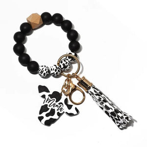Silicone Cursive Cow Bead Bracelet Keychain Tassel Ox Head Wrist Key Ring Charm