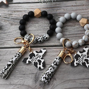 Silicone Cursive Cow Bead Bracelet Keychain Tassel Ox Head Wrist Key Ring Charm