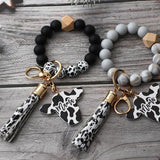 Silicone Cursive Cow Bead Bracelet Keychain Tassel Ox Head Wrist Key Ring Charm