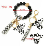 Silicone Cursive Cow Bead Bracelet Keychain Tassel Ox Head Wrist Key Ring Charm