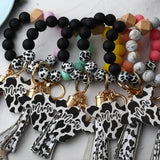 Silicone Cursive Cow Bead Bracelet Keychain Tassel Ox Head Wrist Key Ring Charm