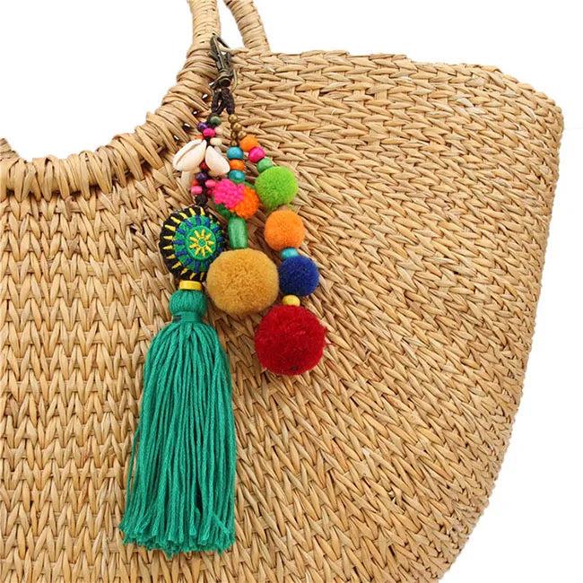 Boho Wood Beads Keychain Pompon Holder Tassel Pendant