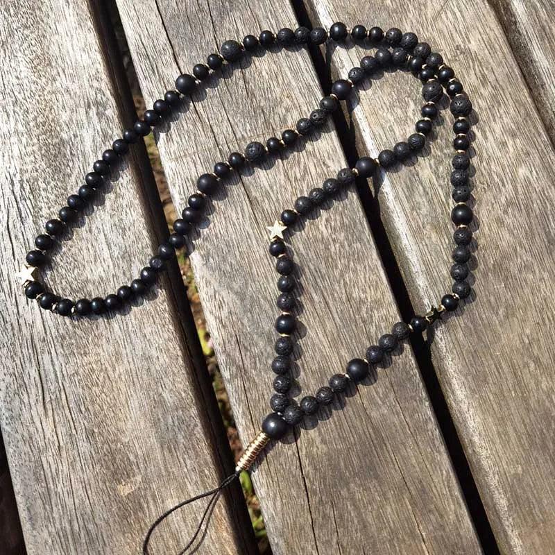 Volcanic Rock Beads Chain Wood Beads Long Necklace