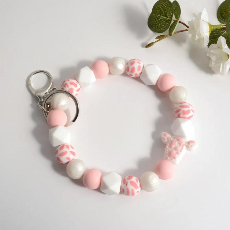 Cow Print Keychain Silicone Bead Mama Bracelet Wristlet Keychain Charm