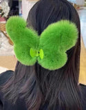 Korea INS Green 3D Plush Butterfly Hair Claws Women Sweet Big Hair Clips