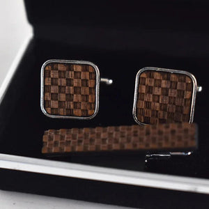 Wooden Cufflinks+Tie Clips Set for Men French Shirts Square Classic Cufflinks