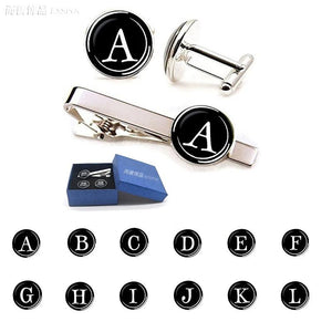 Alphabet Letters Print Men Cufflinks Tie Clip Set Wedding Gift