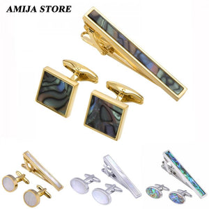 Classic Shell Pearl Cufflinks & Tie Clip Set for Men