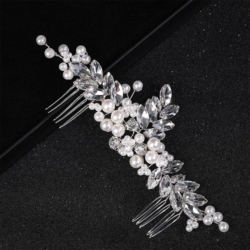 Silver Tiara Hair Combs Wedding Accessories Pearl Crystal Headpiece