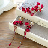 Red Rose Flowers Beads Hair Clips Tassle Earrings Set Wedding Hair Accessories