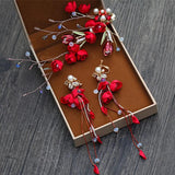 Red Rose Flowers Beads Hair Clips Tassle Earrings Set Wedding Hair Accessories