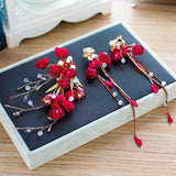 Red Rose Flowers Beads Hair Clips Tassle Earrings Set Wedding Hair Accessories