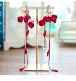 Red Rose Flowers Beads Hair Clips Tassle Earrings Set Wedding Hair Accessories