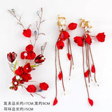 Red Rose Flowers Beads Hair Clips Tassle Earrings Set Wedding Hair Accessories