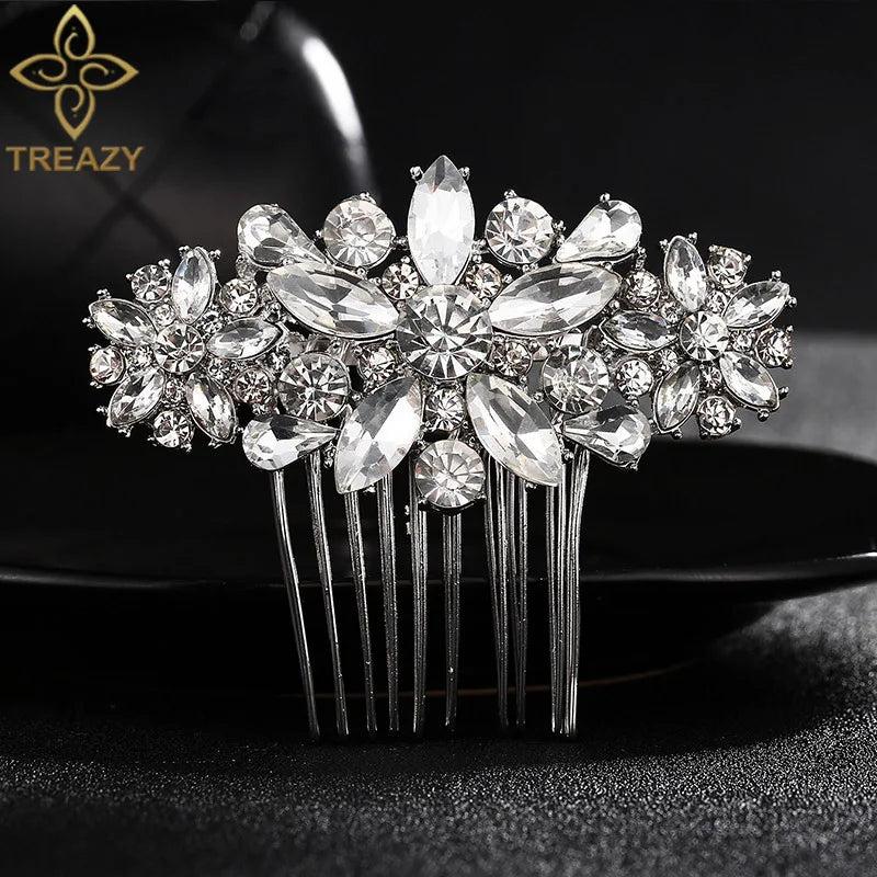 Silver Flower Bridal Hair Combs Rhinestone Crystal Hair Ornament
