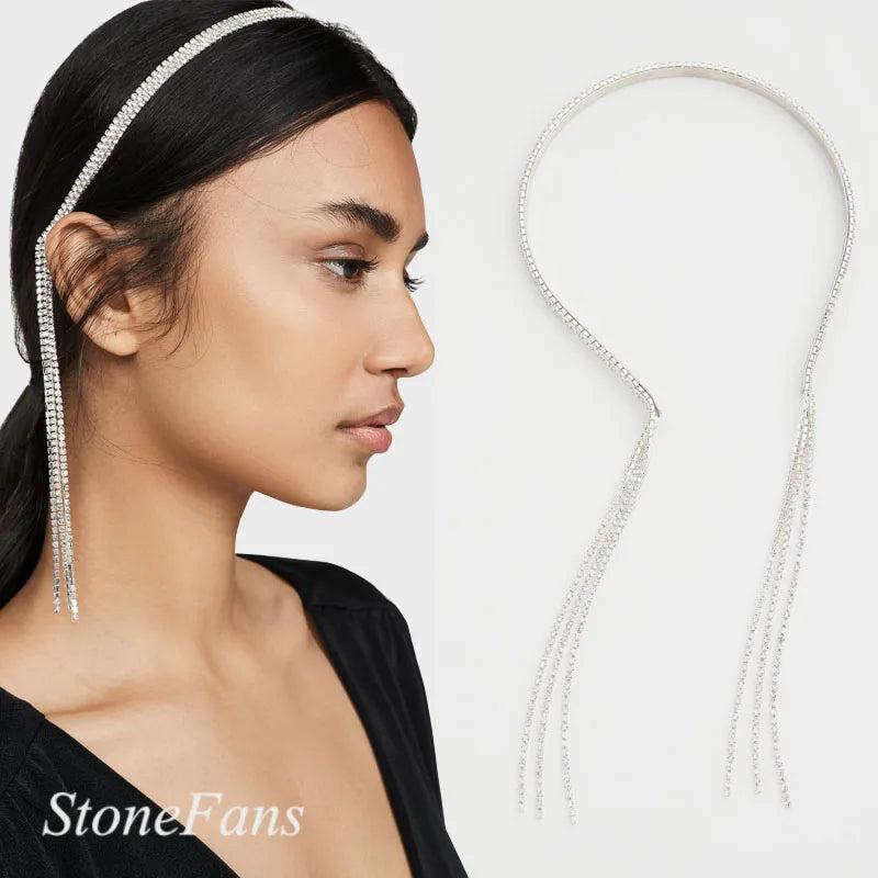 Stonefans Rhinestone Tassel Headband Crown Chain Boho Bling Hair Chain