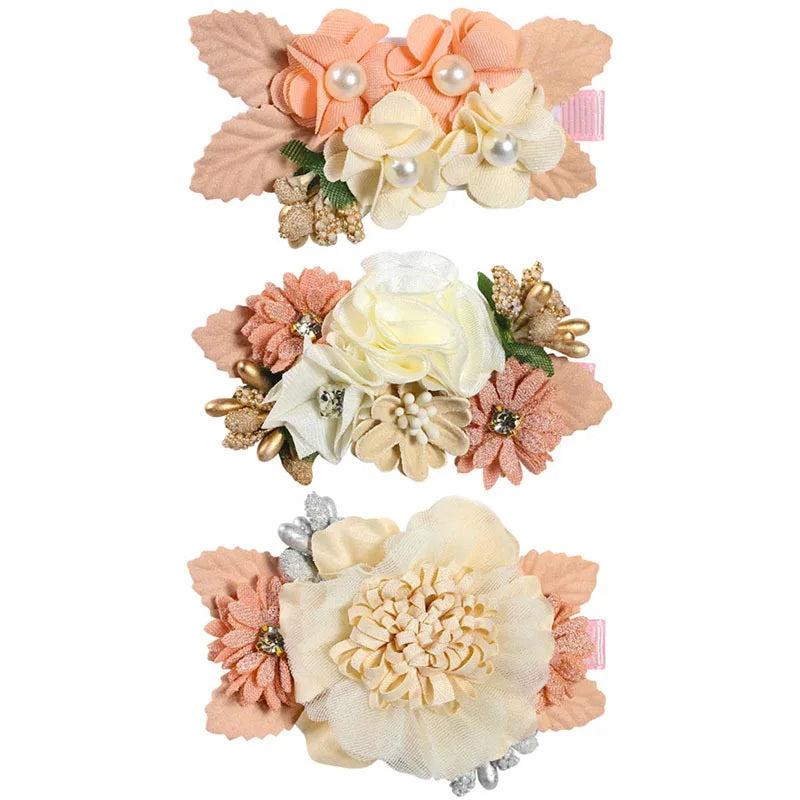 3Pcs Baby Flower Hairclips Girl Kids Sweet Pearl hairpins Headwear